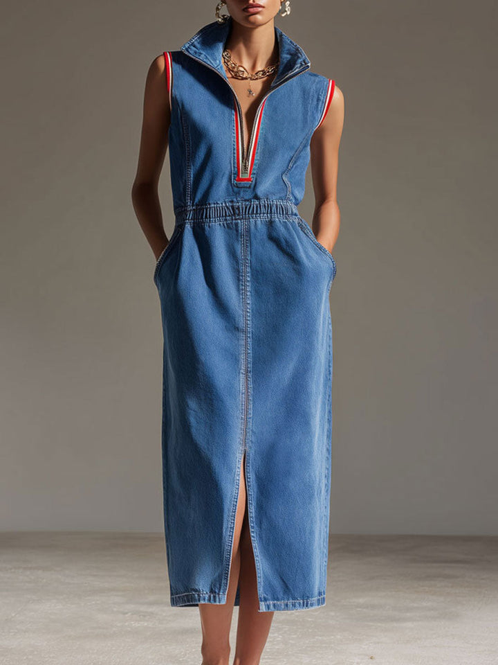 Casual Retro Blue Denim Sleeveless Half-zip Slit Midi Dress