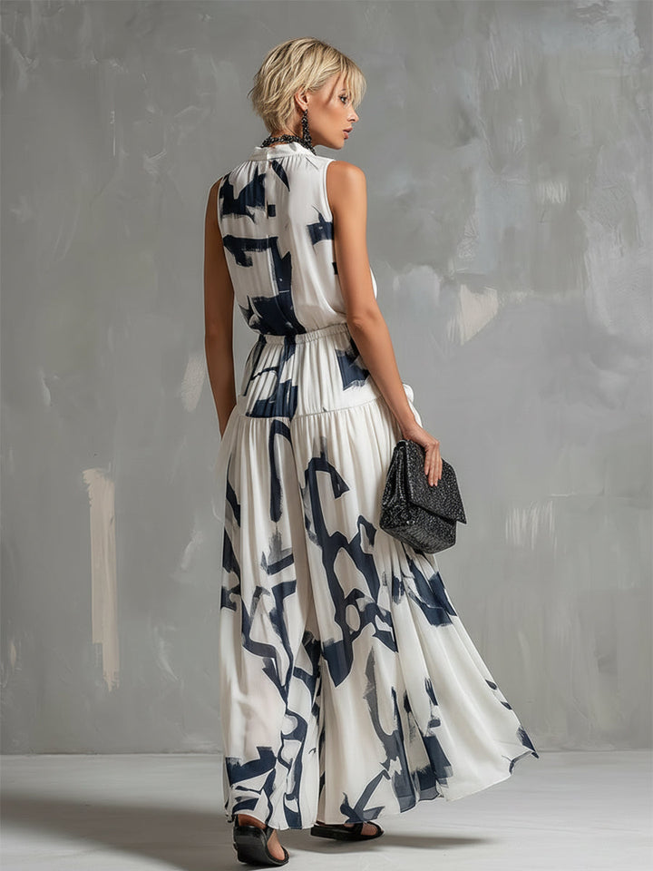 Chic Urban White Abstract Print Chiffon Sleeveless Shirt And Long Skirt Set