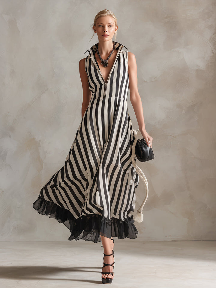 Elegant Chiffon Hem Classic Striped Sleeveless Maxi Dress