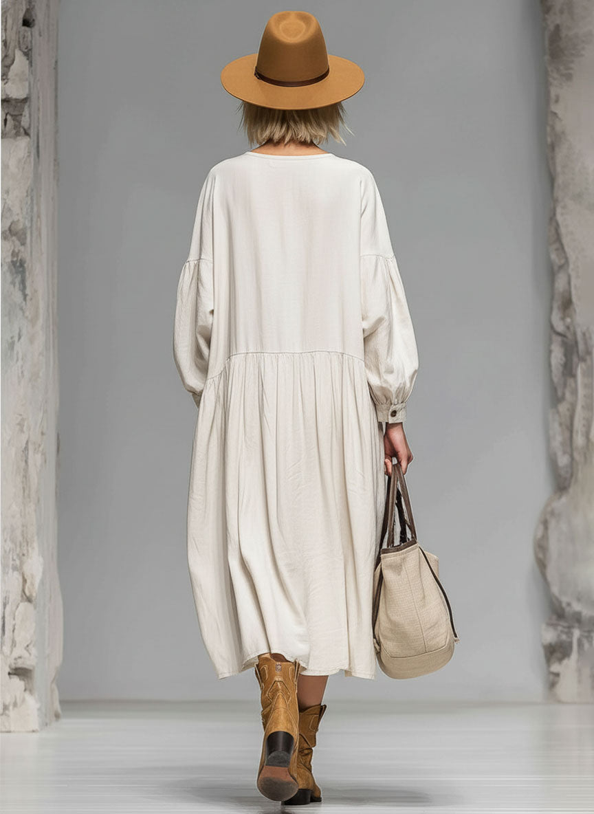 Loose Round-neck Button-front Double-pocket Cotton Long-sleeved Midi Dress