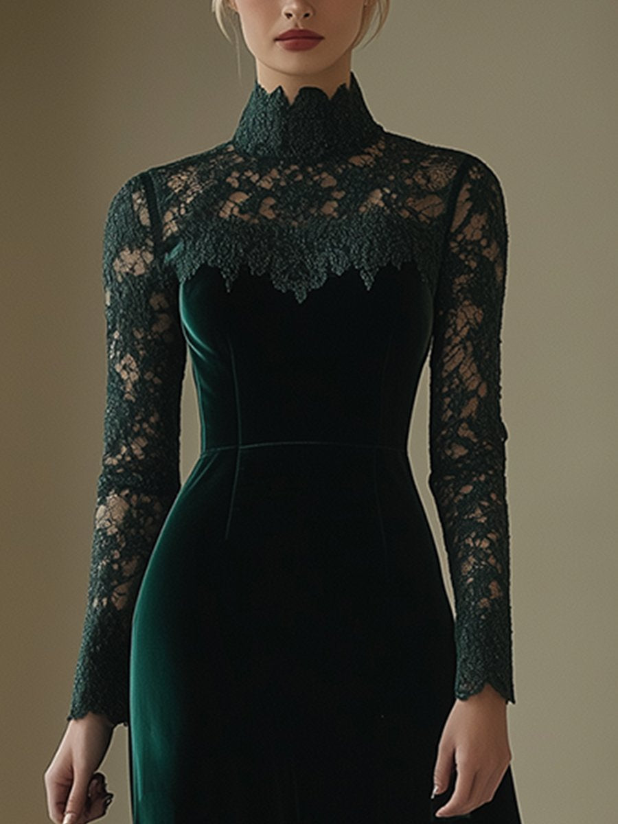 【24-hour shipping out】Elegant Retro Velvet Stitching Lace High Collar Long Sleeve Midi Dress