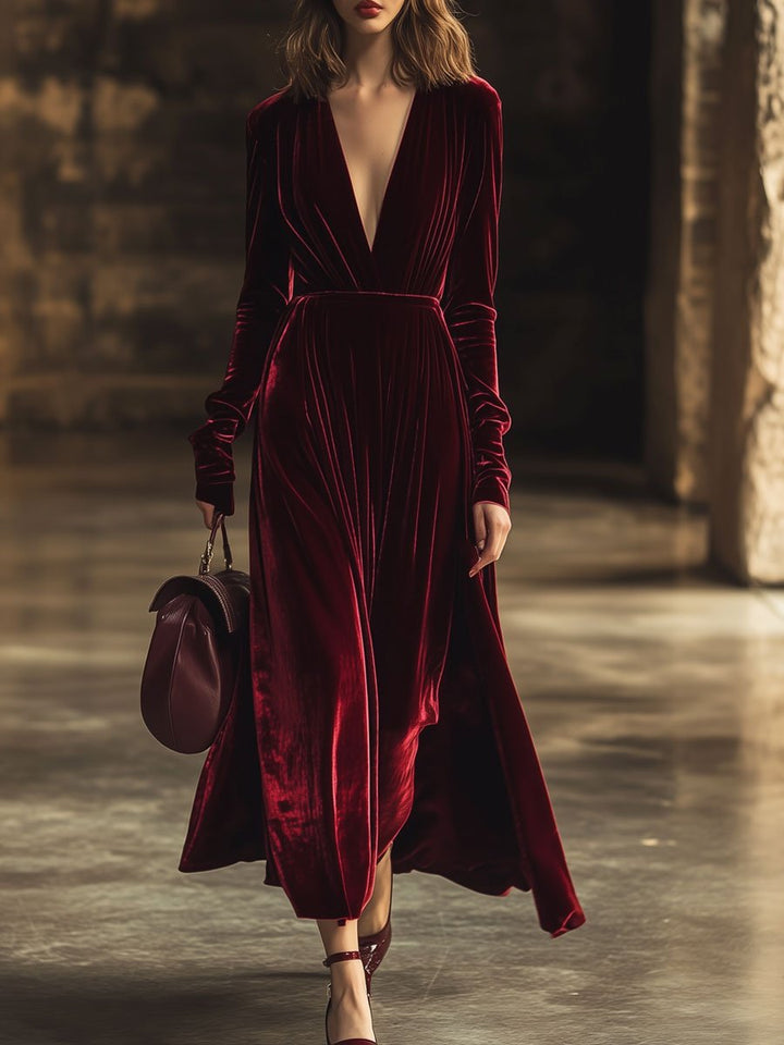 【24-hour shipping out】V-Neck Retro Solid Color Velvet Long-Sleeved Midi Dress
