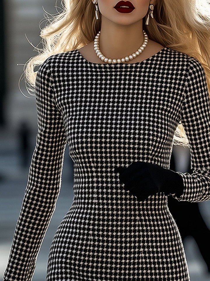 【24-hour shipping out】Retro Elegant High-End Round Neck Houndstooth Dress