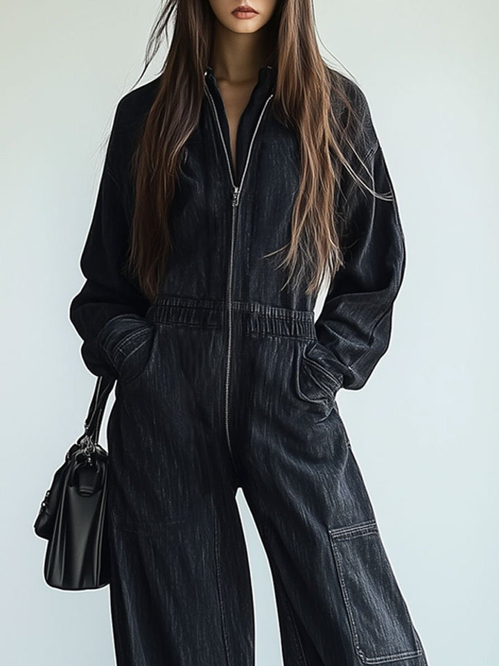 【24-hour shipping out】Casual Loose Retro Denim Zipper Elastic Waist Lapel Long Sleeve Jumpsuit