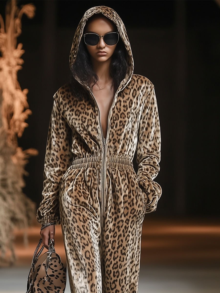 【24-hour shipping out】Casual Loose Vintage Velvet Leopard Print Zipper Hooded Jumpsuit