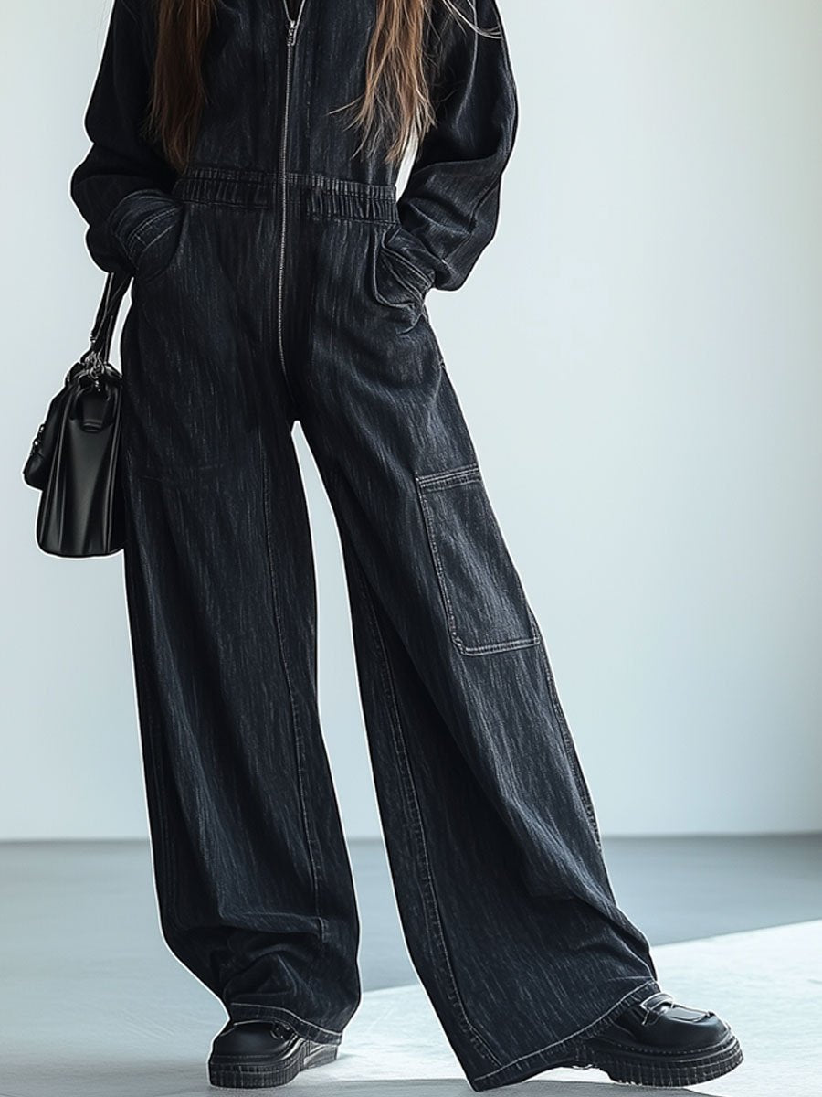 【24-hour shipping out】Casual Loose Retro Denim Zipper Elastic Waist Lapel Long Sleeve Jumpsuit