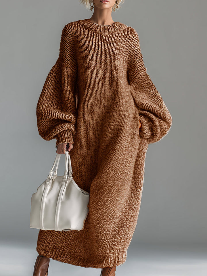 Elegant Urban Silhouette Round Neck Heathered Khaki Knitted Maxi Dress