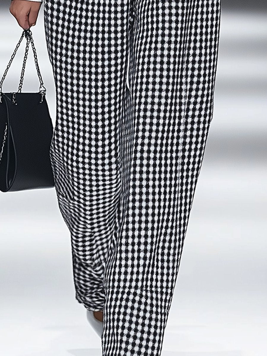 【24-hour shipping out】Fashion Retro Houndstooth Pocket Straight Pants
